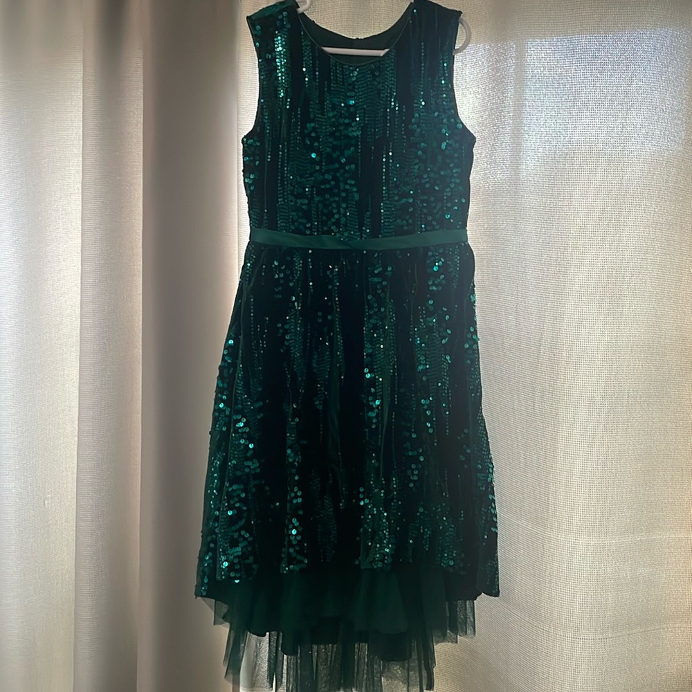 Rare Editions Green Sequin and Velvet Hi-Lo Dress